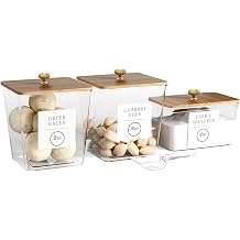 3 Pack Acrylic Laundry Room Organization Containers with Gold & Wood Knobs Laundry Pods Container & Detergent Organizer Set | Clear Laundry Jars | Scoops & Customizable Labels | Storage Canisters