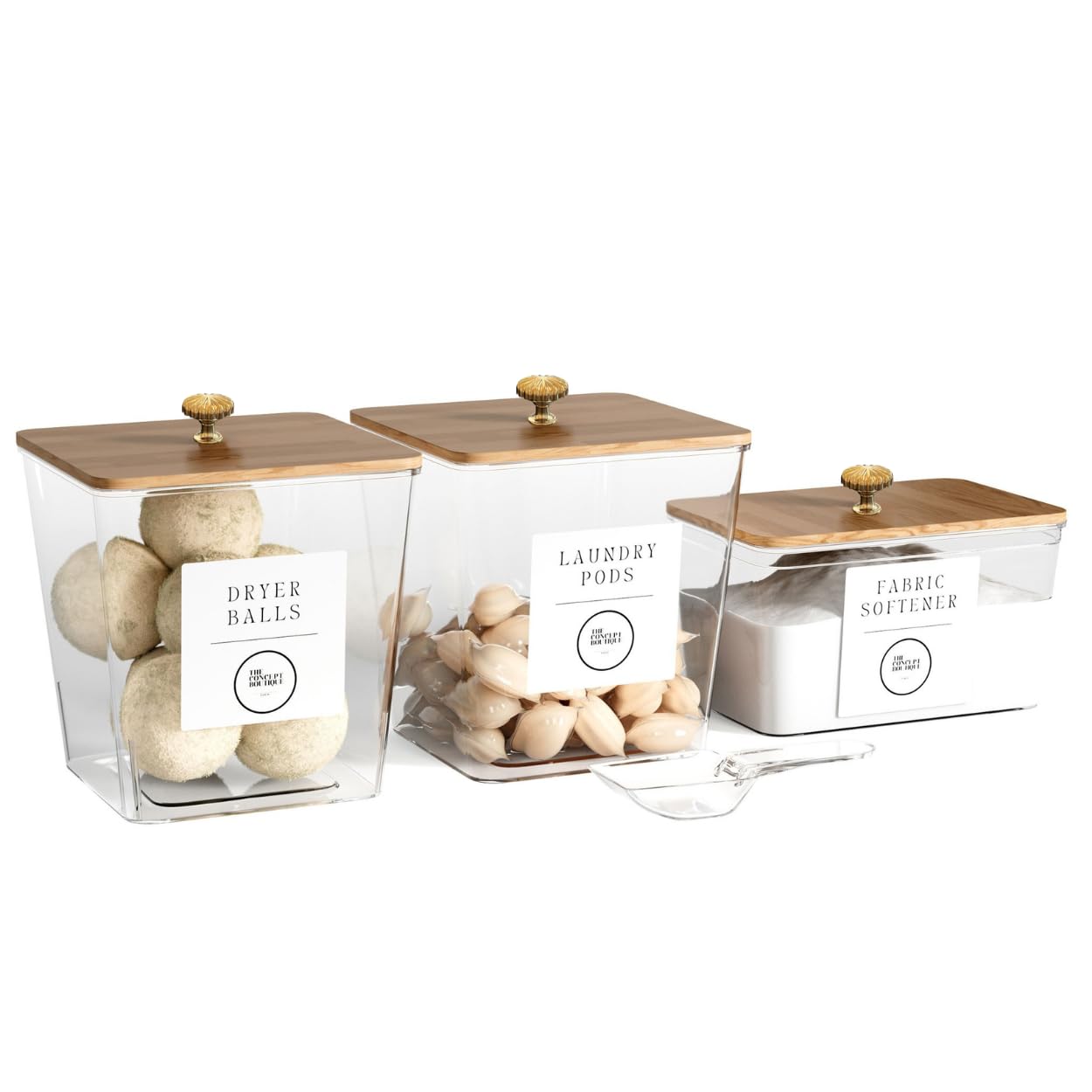 Photo 1 of 3 Pack Acrylic Laundry Room Organization Containers with Gold & Wood Knobs – Laundry Pods Container & Detergent Organizer Set | Clear Laundry Jars | Scoops & Customizable Labels | Storage Canisters