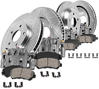 Callahan Front and Rear Calipers and Drilled Slotted Brake Disc Rotors + Ceramic Brake Pads + Hardware Kit For Cadillac Escalade | Chevy Silverado 1500 Subuarban 1500 Tahoe | GMC Sierra 1500 Yukon