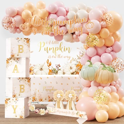 Little Pumpkin Baby Shower Decorations Party Supplies for Girl Rustic Fall Autumn Baby Shower Decoration A Little Pumpkin is on The Way Backdrop Balloon Arch Baby Box Mom to Be Sash Tablecloth