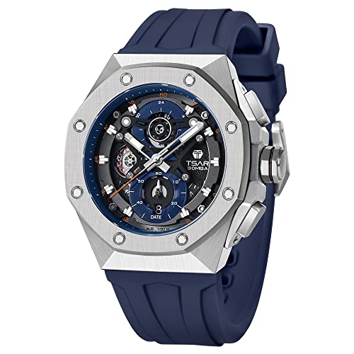 TSAR BOMBA Mens Watches Waterproof 50M Analog Chronograph Men’s Dress Business Work Watch Luxury Tonneau Watches for Men, Silver-red, FREE SIZE, casual (B0BLZ4G86K) Amazon Price History, Amazon Price Tracker