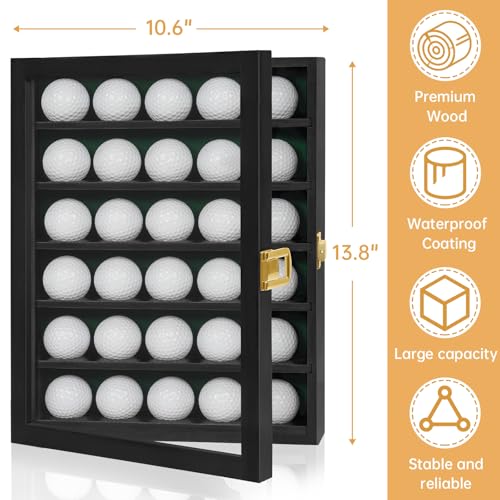 WELIDAY Golf Ball Display Case, Solid Wood Golf Ball Holder, Wall Mounted Golf Ball Rack with Acrylic Door for Golf Enthusiasts (Black, for 30 Golf Balls)