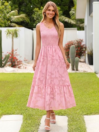 Image of Simplee Womens Semi Formal Dresses for Wedding Guest Floral Lace Midi Dress | Floral lace, Modest, Midi length, Sleeveless, V neck, Smocked empired waist, Semi formal wedding guest dress, Baptism dress