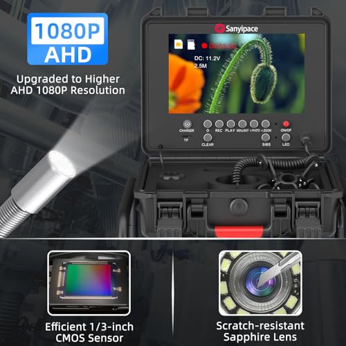 Image of Sanyipace Pipe Inspection Camera, 165FT /50M Sewer with Distance Counter, 1080P Waterproof Drain for Plumbing Duct Inspection, 9 inch Screen, 4500mAh Battery, 12PCS LED Lights, 5X Zoom