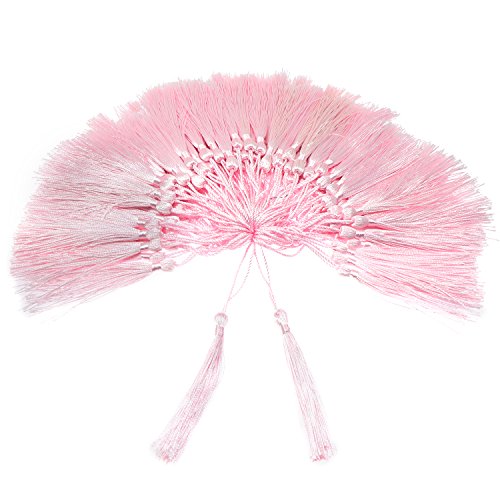 Image of VAPKER Pink Silky Handmade Tassels - 100 Pieces, 13cm /5-Inch, with 2-Inch Cord Loop for Jewelry Making, DIY Projects, Bookmarks