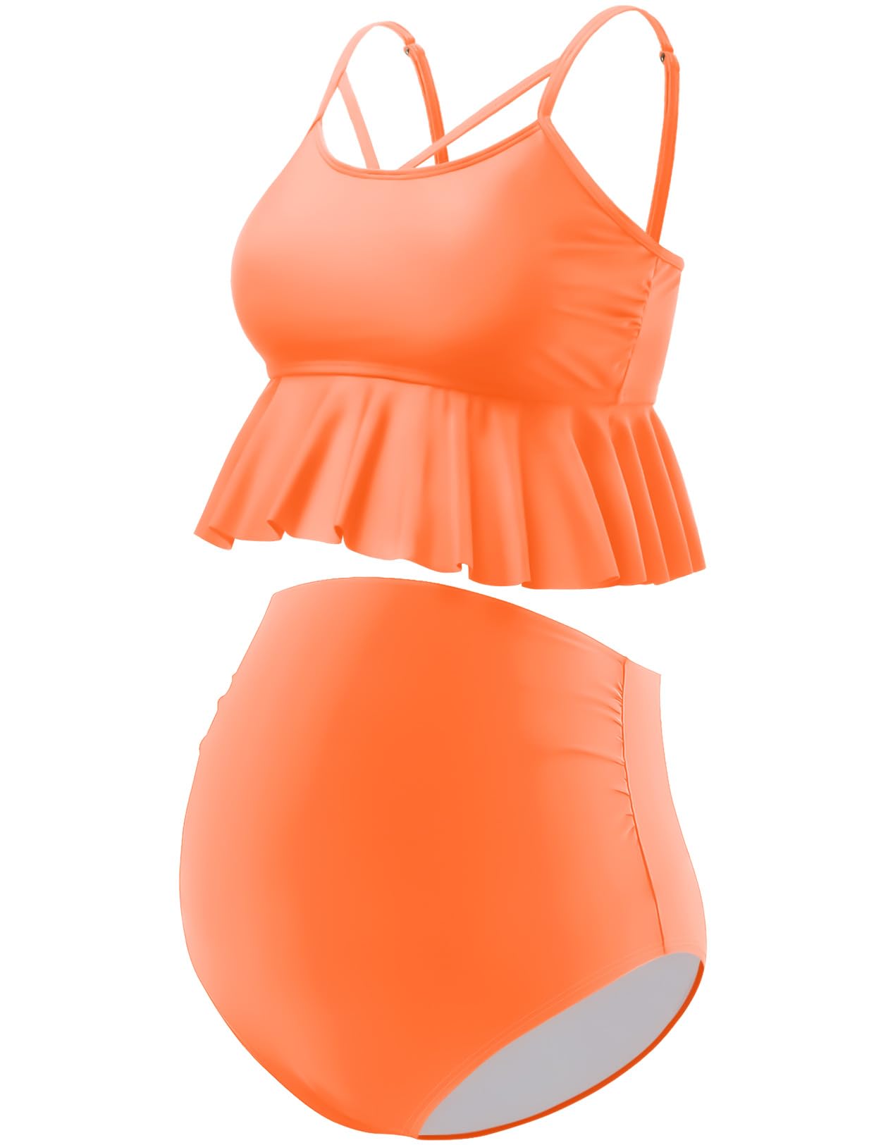 GINKANA Umstands-Bikini, Zweiteiliger Badeanzug, Rüschen, hohe Taille, Umstands-Badeanzug, Sommer, Schwangerschafts-Bademode, Orange/Abendrot im Zickzackmuster (Sunset Chevron), S
