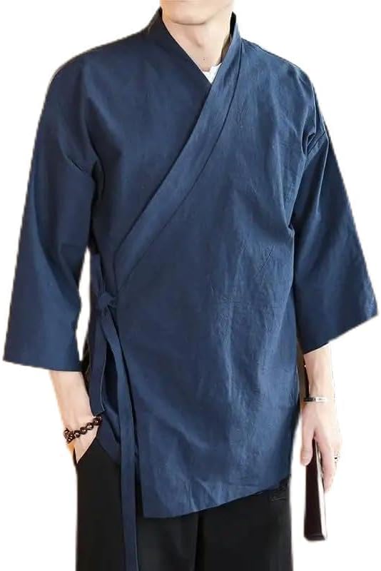 Men Loose Fit Japanese Streetwear Kimono Shirts Plain Color 3/4 Sleeve Summer Cardigan Male Shirt