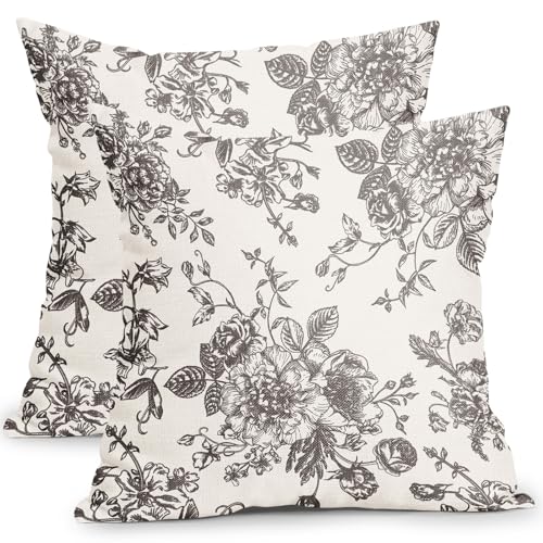 Vintage Floral Pillow Covers 18x18 Inch Set of 2 Black Brown and Cream Floral Throw Pillow Covers Chinoiserie Flower Pillowcases Rustic Farmhouse Cotton Linen Cushion Covers for Couch Bed Sofa Decor
