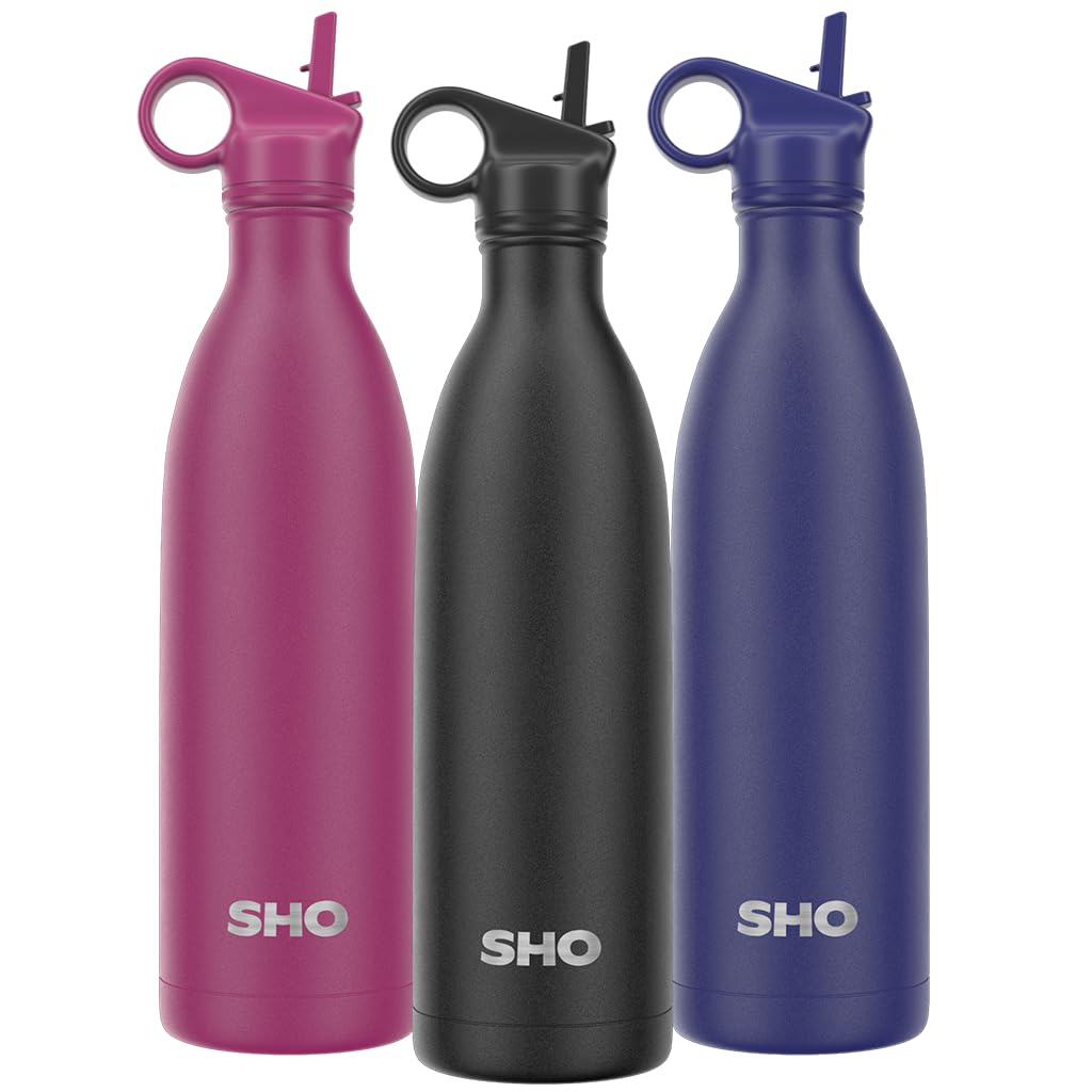 SHO Stainless Steel Water Bottle with Straw and Screw Lid - Leakproof, BPA Free, Vacuum Insulated Double Walled Metal Flask, 500ml - Original 2.0-12 Hours Hot 24 Hours Cold (1L, Jet Black) โ image 1