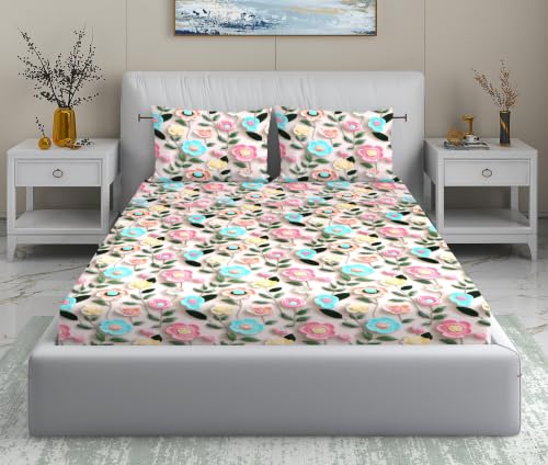 Image of DECORUM 300TC Glace Cotton Elastic Fitted King Size Bedsheet (72''X78'') with 2 Pillow Covers | Soft & Comfortable Cotton Feel | Fits Upto 8'' Mattress | Pastel Bloom Garden