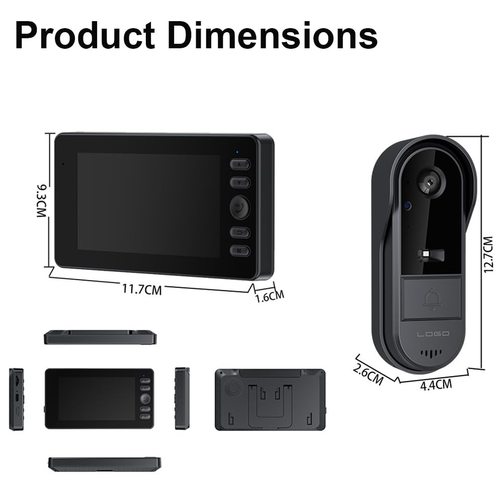 Winnes Videocitofono Citofono Senza Fili da Esterno con Schermo IPS 4,3'' Video Campanello con Telecamera 1080P 170°Angolo Visuale,Visione Notturna,Spioncino Digitale Senza WiFi/APP/Abbonamento