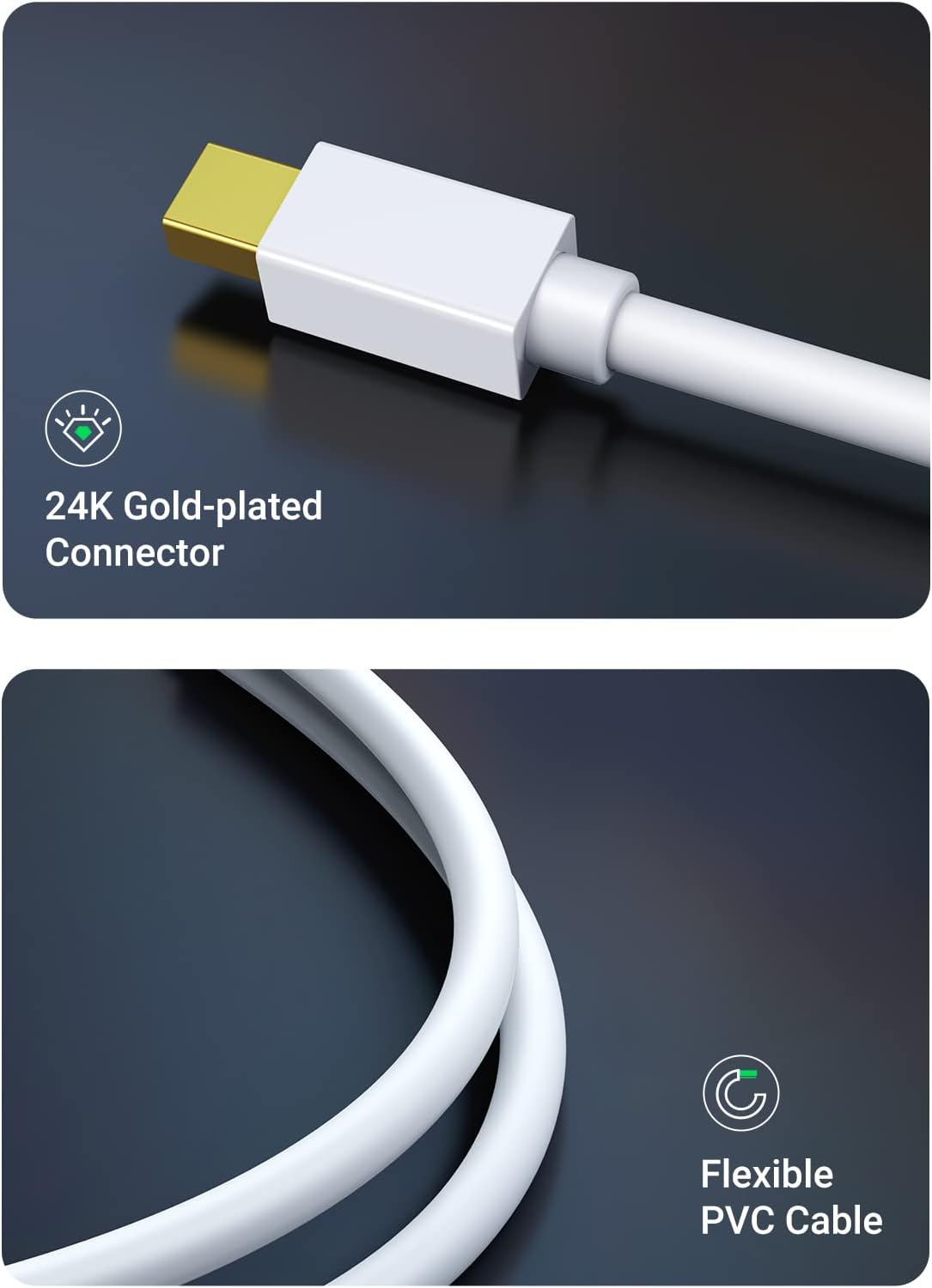 Close-up of the UGREEN Mini DisplayPort adapter showing the gold-plated connector and flexible PVC cable.