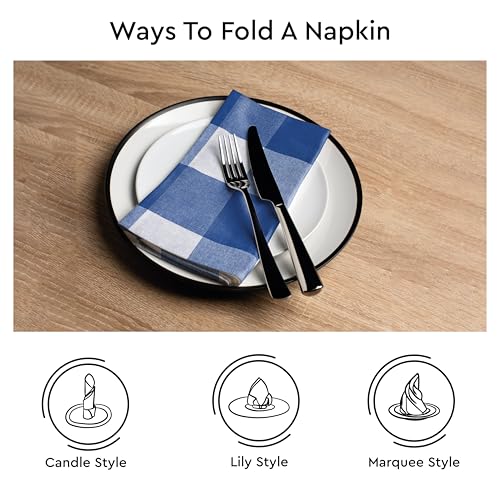 Image of Encasa XO Dining Table Napkins Set of 6, 50x50 cm | Machine Washable Reusable, Recycled Cotton Cloth Napkin, Soft & Absorbent, Table Decor for Hotels, Farmhouse - White & Buffalo Blue Checks