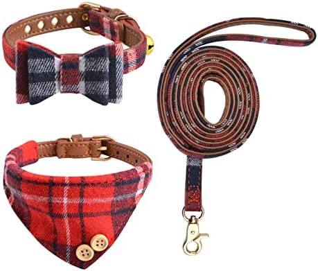 HACRAHO Bow Tie Dog Collar with Lead Set, 3 Pieces Adjustable Puppy Collars Bandana with Bell Plaid Red Bandana Dog Collar for Small Dogs, Puppies and Cats Outdoors