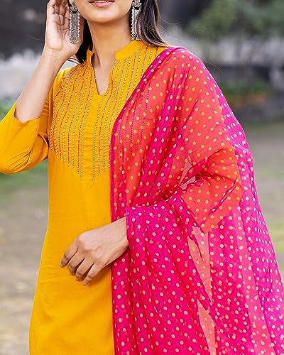 Image of GoSriKi Women's Cotton Blend Straight Printed Kurta with Pant & Dupatta