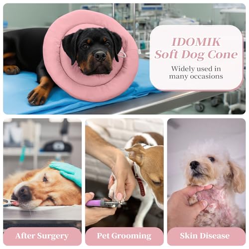 Image of IDOMIK Dog Recovery Collar, Waterproof Soft Dog Cone After Surgery, Comfy Protective Elizabethan Collar Alternative for Dogs Cats, Adjustable Pet Neck Donut Cone Anti-Licking Biting Wounds,Pink,3XL