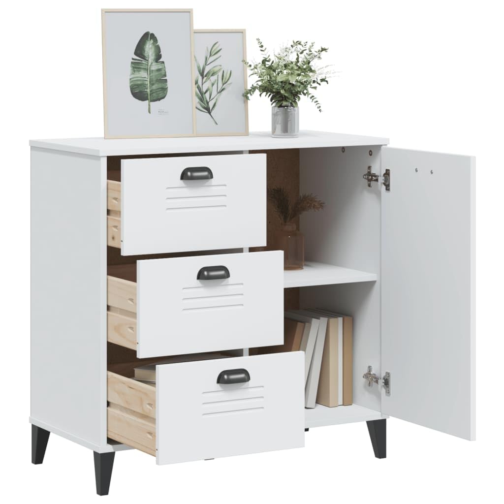 Kredens VIKEN biały, 80 x 40 x 80 cm, materiał drewnopochodny z 3 szufladami i praktycznymi uchwytami do salonu, przedpokoju i jadalni, stabilna konstrukcja, wszechstronne miejsce do