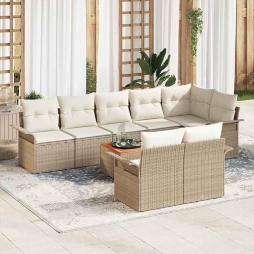 QJBSAVVA - QJBSAVVA Ensemble de 9 canapés de jardin modulaires - Beige - 55 x 55 x 37 cm - En polyrotin - Avec espace de rangement - Petit balcon - Terrasse - Look moderne - Salon d'extérieur pour jardin, balcon
