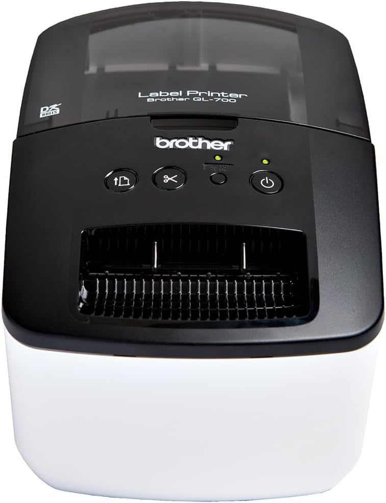Brother QL-700 Label Maker, USB 2.0, Address Label Printer, Desktop, Up to 62mm Wide Labels, UK Plug, Black Print Only