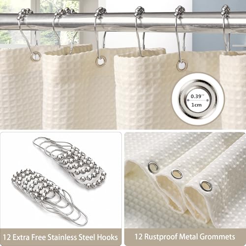 Waffel Duschvorhang mit Metall Duschvorhangringe Stoff Textil Badewannenvorhang Anti Schimmel Bad Vorhang Set Wasserdicht Badewanne Vorhang Schwerer Shower Curtain Badezimmer - 182 x 198cm (Creme)