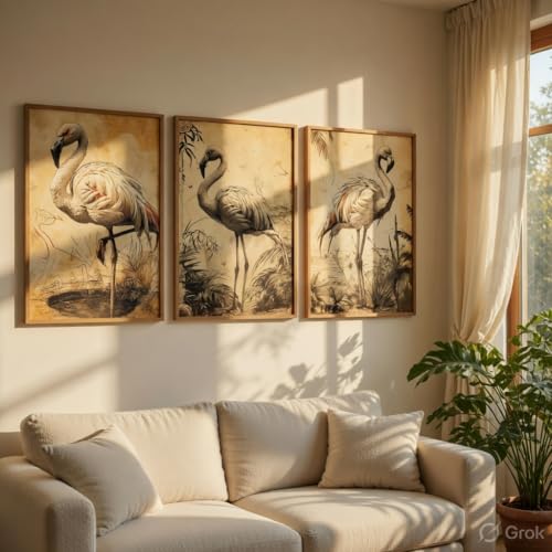 Image of Artify Flamingo Bird Wall Painting Set of 3 with Wooden Frames | Vintage Wildlife Bird Artwork HD Sparkle Laminated MDF Wall Decor | Elegant Flamingo Wall Art for Living Room Bedroom