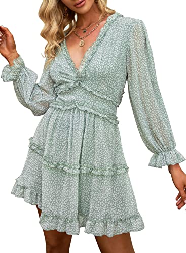 Happy Sailed Womens Cute Boho Dresses Spring Summer 2023 Casual Deep V-Neck Long Sleeve Ruffle Layer A Line Chiffon Swing Mini Dresses Large Green #TOP5