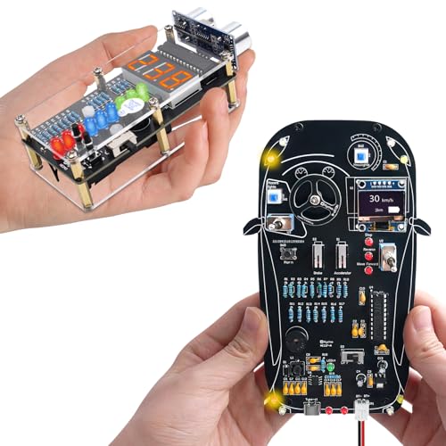 MiOYOOW HC-SR04 Ultrasonic Ranging Alarm DIY Kit with LED Lights and Car Driving Simulation Kit with Gear Shifting, Lights & LCD Display, STEM Electronics Soldering Project for School Learning