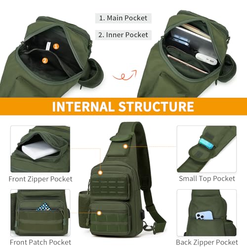 HUNTVP Taktische Brusttasche Herren Sling bag Militär Schultertasche Umhängetasche Tactical Chest Bag MOLLE Crossbody Bag für Alltag Reisen Wandern Camping (Grün)