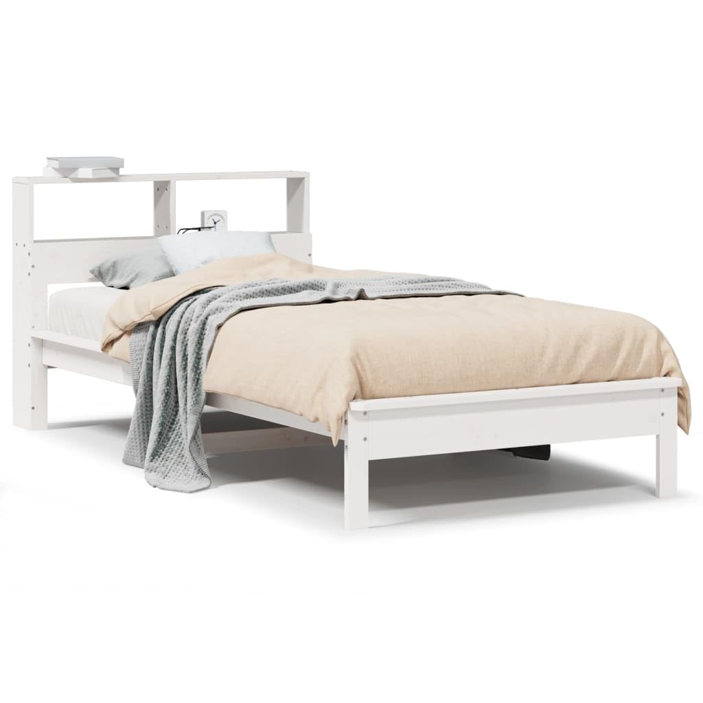 Homgoday Bett mit Regal ohne Matratze, Massivholz, weiß, 75 x 190 cm, mit Stauraum und Bettgestell für Kinder, Jugendliche und Erwachsene, Weiß