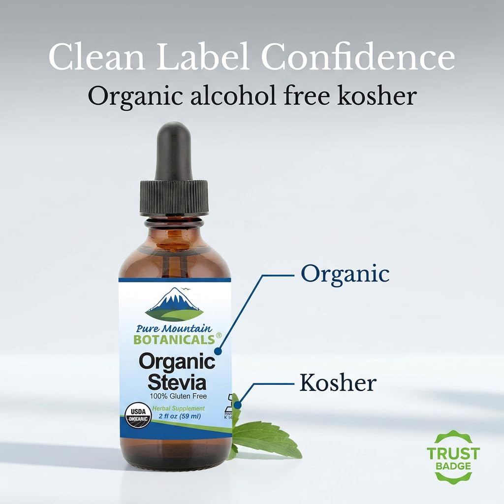 Pure Mountain Botanicals Organic Liquid Stevia Drops - Alcohol Free - Zero Calorie Kosher Sugar Substitute Sweetener - 2 oz Glass Bottle (Pack of 3) image 2