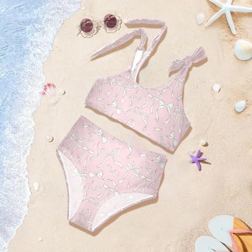 QUGRL Pink Ribbon Bow Girls Tankini Swimsuit 2 Piece Bathing Suits for Girls Bikini Adjustable Straps for Swimming Size 5-6T4