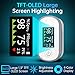 Alecaremed Pulse Oximeter, 4 Color OLED Display Oxygen Monitor Fingertip with 20 × Memory, Blood Oxygen Saturation Monitor (SpO2), Alarm & Brightness Adjustable, Batteries & Lanyard (White)