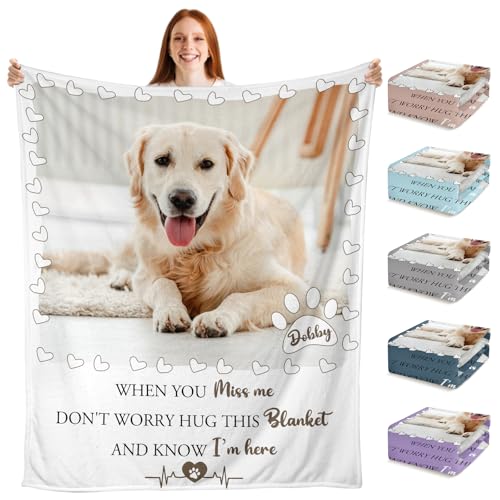 Posh Present Custom Dog Memorial Photo Blanket, Personalized Pet Loss Sympathy Gift, Polyester, Throw Blanket, Pet Memorial Blankets, 60 x 80 inches, White, Pink