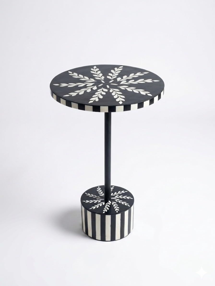 THE RAAVYA Handmade Bone Inlay Round Side Table, Black and White, 30.5 cm x 48.3 cm, Floral Striped Pedestal Accent Table-image-14