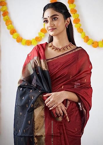 Image of SGF11 Women's Kanjivaram Soft Cotton Linen Silk Saree With Blouse Piece (Maroon Black)