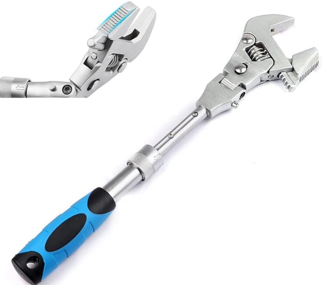 Professional Adjustable Ratchet Wrench with Flexible Head, 180° Rotating Head and Retractable Shaft (10"-12"), Cr-V Steel for Car, Plumbing and DIY, 45mm Jaw