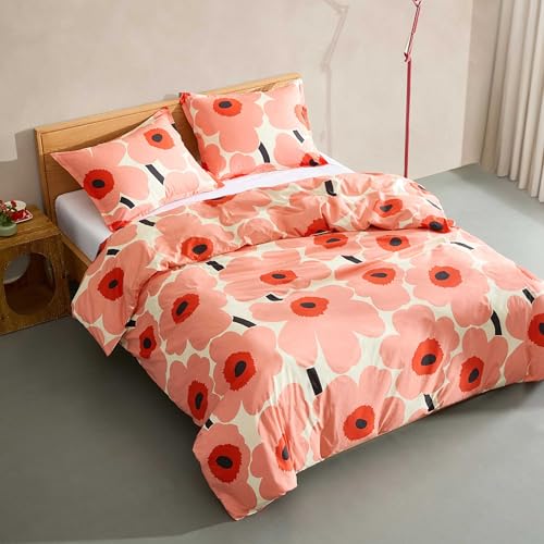 Image of MARIMEKKO - Queen Duvet Cover Set, Soft Cotton Bedding for Year Round Comfort, 3 Piece Floral Bed Set with Matching Pillowcases (Unikko Coral Pink)
