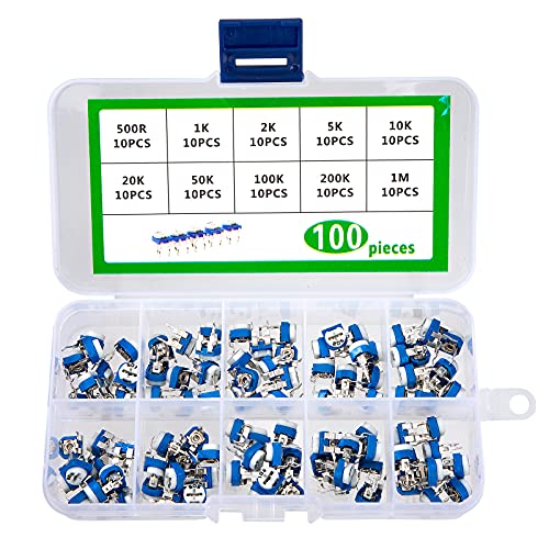 Resistenza Variabiles Potenciómetros Ajuste 10 Valores 500 Ohm - 1M Ohm RM065 6mm Surtido Kit con Caja de Almacenamiento 100 Piezas