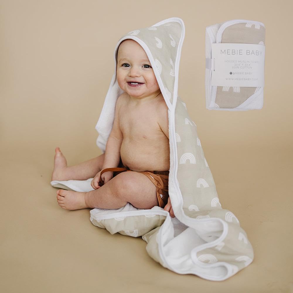 Mebie Baby Muslin Hooded Towel, Sand Rainbow, Cute Hooded Baby Bath Towel for Newborn, Infant & Toddler, Modern Baby Towels and Washcloths for Boy &