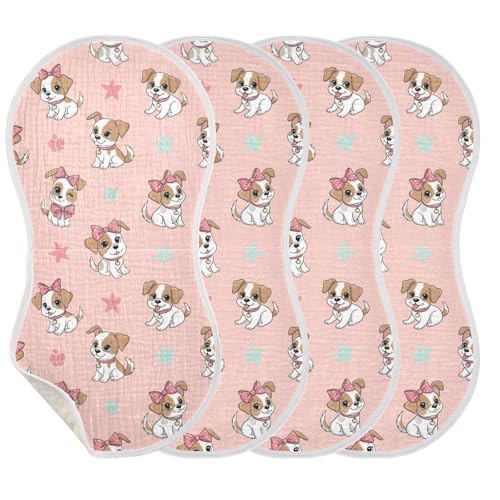 J JOYSAY Dogs Bow Pink Baby Burp Cloths for Boys Girls Large 22''x11'' Cotton 4 Layer Newborn Towel for Baby Newborn one sizex4