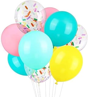60 Pack Ice Cream Party Balloons + Sprinkle Confetti Balloons w/ Ribbon | 14 Inch Donut, Latex, Rainbow Balloons for Parties, Wedding, Bridal + Baby Shower Decorations (Colorful)