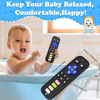 Deriz Remote Silicone Baby Teether with Thread – Food Grade Silicone Toy for 3+ Months, Teething Relief, Biting Skills, Colour & Shape Recognition, Safe for Infants, Babies & Toddlers 1