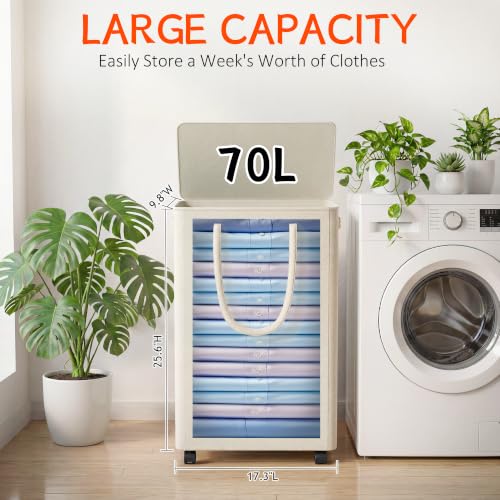 Image of Slim Laundry Hamper with Wheels,18 Gal (70L) Rolling Laundry Basket with lid and wheels Clothes Hamper Foldable Tall Dirty Clothes Basket Sturdy Collapsible Clothes Hamper for Dorm,Laundry Room