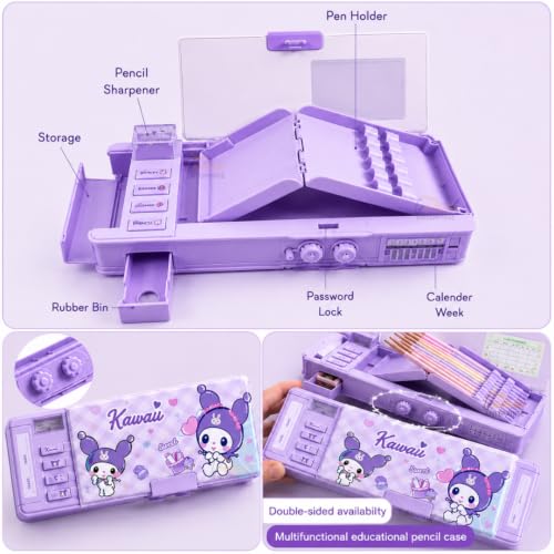 Image of Kawaii Password Lock Compass Box for Girls, Multifunction Pencil Box with Sharpener, Calendar, Timetable Card, Storage Drawer & Pen Holder, Cute Purple Stationery Case