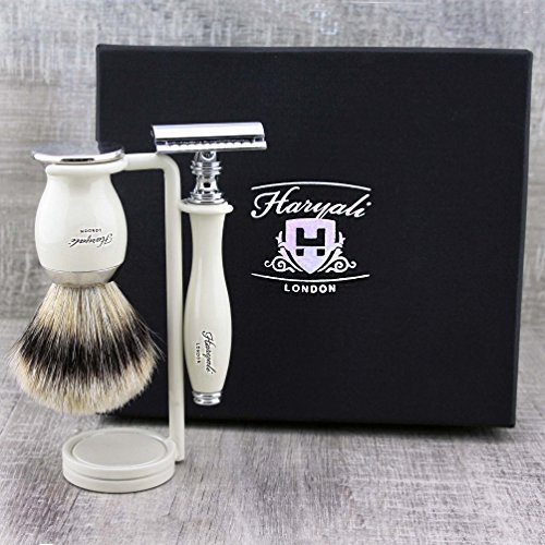 Haryali London - Set di 3 rasoi da uomo, con spazzola in pizzo argentato, con rasoio a doppio angolo, perfetto come regalo, rasatura bagnata, colore avorio