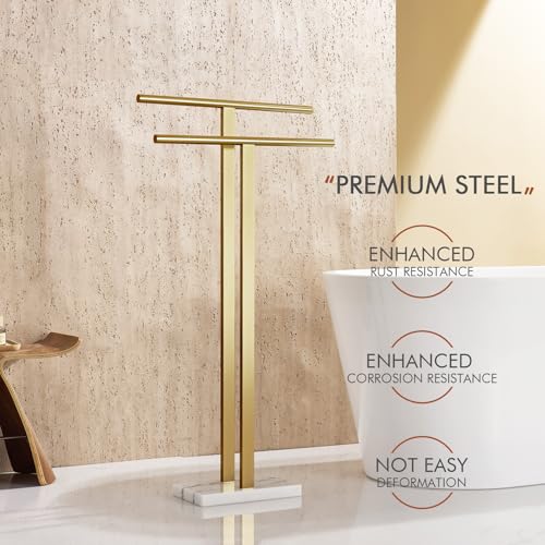 Image of KOKOSIRI Standing Towel Rack for Bathroom Floor 2-Tier Towel Holder Free Stand with Heavy Marble Base Thicken Steady Design Gold Stainless Steel THS0005-BG