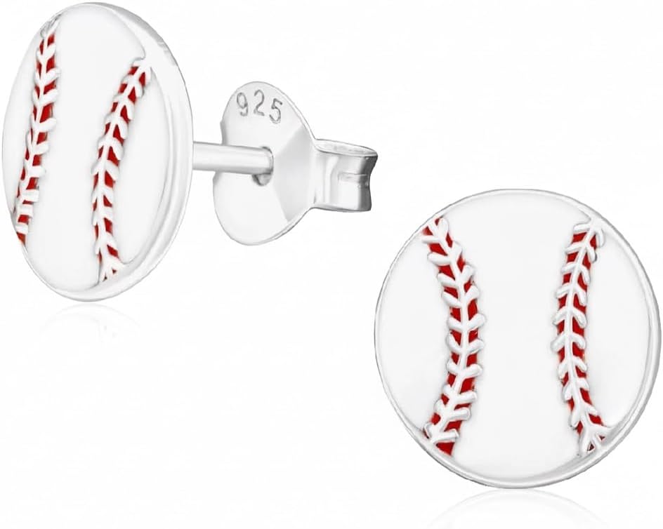 Hypoallergenic Solid 925 Sterling Silver Sports Fan Baseball/Softball Stud Earrings