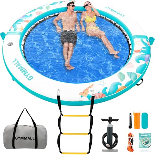 Image of Inflatable Water Hammock Floating Dock 8 FT with Mesh, Tanning Pool Raft Round Ring for Adults, Float Platform for Lake and Beach with Water Ladder and Cup Holder
