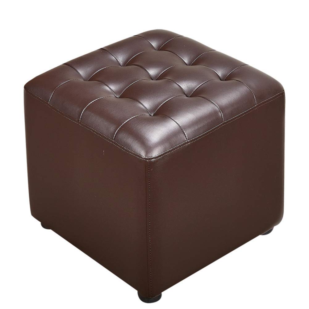 Parobdo Coffee Color Leather Upholstered Cube Pouf Ottoman,Pouffe Footstool Solid Wood Square Leather Living Room Coffee Table Small Bench- 40X40x35cm(16X16x14inch)