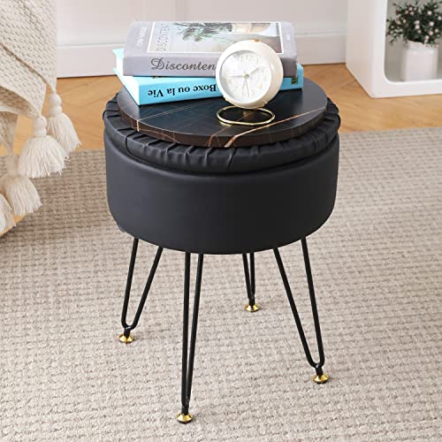 Image of Cpintltr Faux Leather Storage Ottoman Round Footrest Stool Multifunctional Upholstered Ottoman with Metal Legs Modern Vanity Stools Tray Top Coffee Table Suitable for Living Room Bedroom Black
